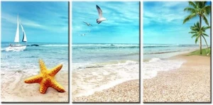 Canvas Print Wall Art Set Beach Waves on the Shore with palm tree Nature Ocean - Picture 1 of 6