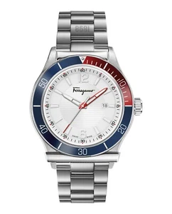 $1095 SALVATORE FERRAGAMO Men's Blue/Red Bezel 43mm Swiss Made Watch SFYK00520 - Picture 1 of 10