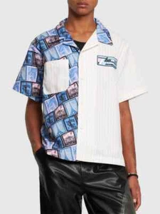 Homme Femme Passport Stamp Striped Bowling Shirt Men 2XL Button Short Sleeve NEW - Picture 1 of 17