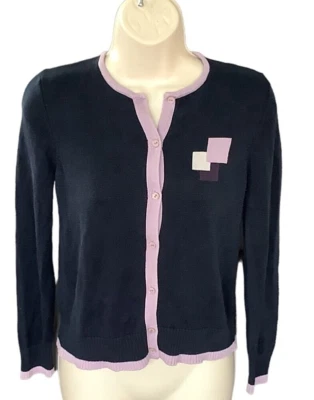 Liz Claiborne Sweater Petite P Navy Blue Pink Trim Cardigan Silk EUC - Image 1 of 2