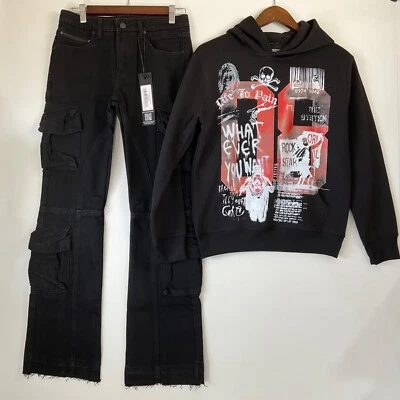 RockStar Original Boyd Beau Sudadera con Capucha Negra/Jean Acampanado Apilado Talla 16 Foto 1 de 4