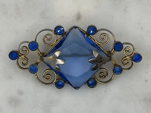 VTG 925 Sterling Silver Antique Art Deco Brooch Large Blue Glass Pin Gold Tone - Picture 1 of 11