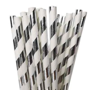 75 x Silver White Striped Paper Drinking Straws Party Xmas Wedding Disposable - Picture 1 of 2