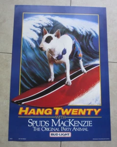 Old Vintage 1986 SPUDS MacKenzie SURFING DOG - Bud Light BEER POSTER Hang Twenty - Picture 1 of 1