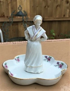 Vintage French Ceramic Figurine Pin Dish c1955 Floral Design Gold Piping Costume - Picture 1 of 7