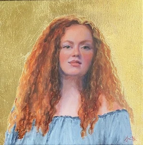 Original oil painting-Redhead young woman portrait on gold leaf 30x30cm. - Picture 1 of 5