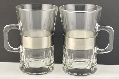 Juego de 2 tazas de café irlandesas modernas danesas vintage - vidrio con bandas de metal cepillado Foto 1 de 4