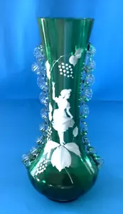 "Vaso verde soffiato a mano vittoriano Mary Gregory con arricciacapelli applicati 11""" - Foto 1 di 19