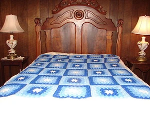 Handcrafted Crochet Afghan Throw Blanket Blue Granny Square Pattern Heirloom - Picture 1 of 7