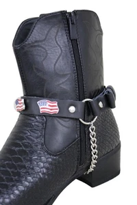 Herren Damen Stiefel Kette Silber Schwarz Kunstleder 2 Riemen Schuh Armband USA Flagge - Bild 1 von 14