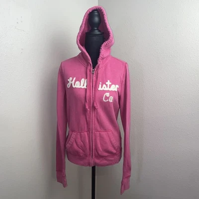 Sudadera con capucha vintage Y2K Hollister para mujer grande rosa cremallera completa bolsillos bordados Foto 1 de 4