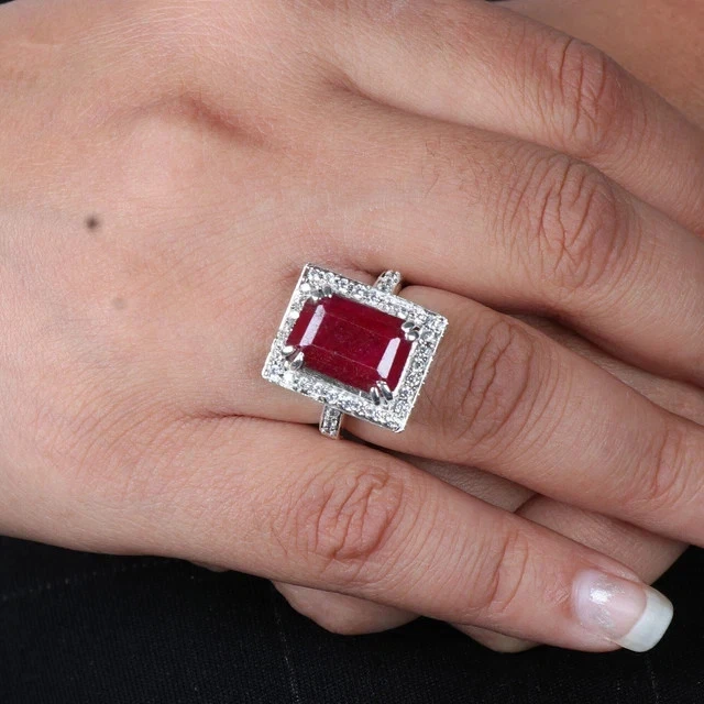 4.00Ct Lab-Created Ruby Halo Bridal Set Engagement Ring 14K White Gold Finish - Image 1 of 3