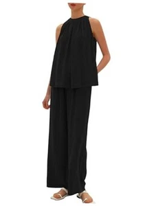 Women's Summer 2 Piece Outfits Sets Linen Loose Fit Sleeveless Tank Tops Wide - Picture 1 of 7