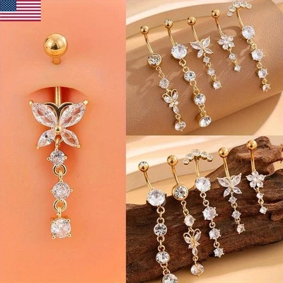 5件装肚脐纽扣蝴蝶立方氧化锆镶嵌花朵吊坠肚脐别针礼物 — 第 1/4 张图片