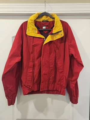 Vintage TOMMMY HILFIGER Hidden Hood Jacket Logo Red Yellow Blue Size S . WuTang  - Image 1 of 4
