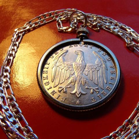 1923 GERMAN EAGLE 500 MARK Coin Weimar Pendant on 28" 925 STERLING SILVER CHAIN Cover