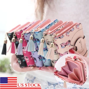 Women's Cute Cat Small Wallet Leather Card Holder Coin Purse Bifold Zipper Bag - Picture 1 of 15