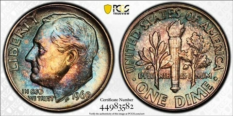 MS65 1960 10C Roosevelt Silver Dime, PCGS Secure- Rainbow Toned Cover