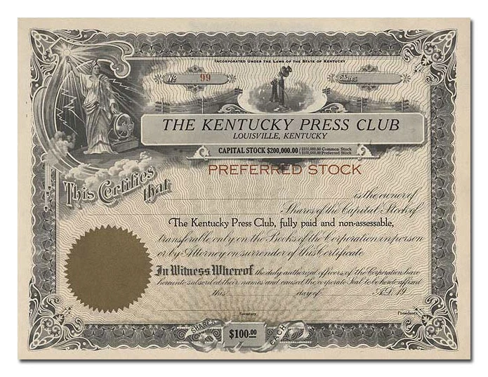  Certificado de stock del Kentucky Press Club Foto 1 de 1