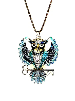 Betsey Johnson Blue AB Crystal Enamel Owl Perched on Golden Key Necklace RETIRED - Image 1 of 4