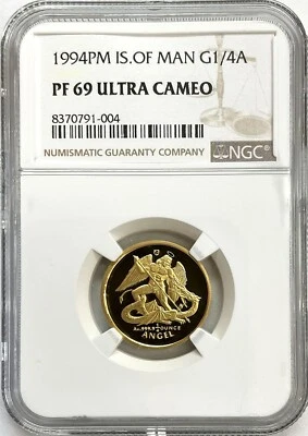 1994 GOLD ISLE OF MAN 1/4 OZ ANGEL COIN NGC PROOF 69 ULTRA CAMEO - Image 1 of 2