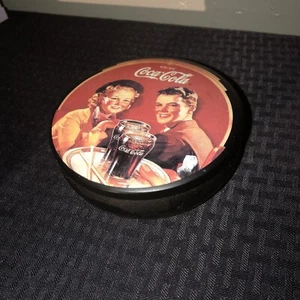 Round Metal Storage Tin, Drink Coca-Cola, Girl & Boy At Soda Fountain, 1988 - Picture 1 of 6