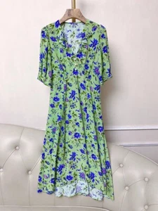 LK Bennett Green Floral Dress Short Sleeve Silk Pearl Button Ruffle 10 - Picture 1 of 15