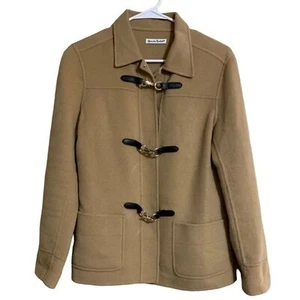 Alexandra Bartlett Tan 100% Wool Coat Clip Closure Black Trim Women’s Size Small - Picture 1 of 8