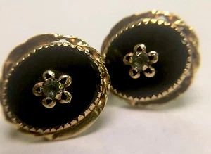 10K SOLID YELLOW GOLD OVAL EARRINGS WITH BLACK ONYX AND CZ'S snap closure - Picture 1 of 9