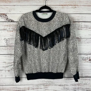 Women's VTG 80s Sky Lite Black Leopard Print Fringe Western Cowgirl Sweatshirt L - Picture 1 of 6