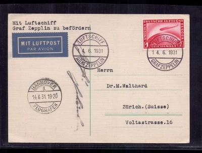 Zeppelin Beleg Graf Zeppelin über Hannover n. Zürich ( Schweiz ) 1931 - Bild 1 von 2