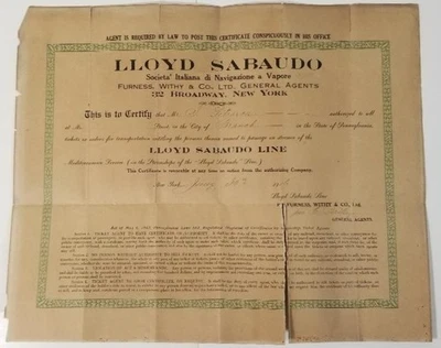 Certificado de vendedor de paso de barco de vapor autorizado Lloyd Sabaudo Line 1916 raro Foto 1 de 4