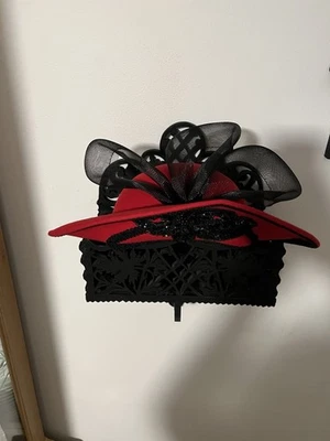 Red Wool Church Derby  Hat Wedding Black Sequin Made USA Tulle Bow - Image 1 of 4