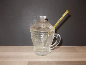 Art Déco Pressglas Senftopf Glasdose mit Deckel H11cm + Glaslöffel gelb - Bild 1 von 2