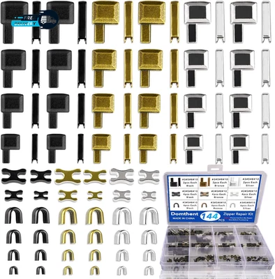Kit de reparación de cremallera de 144 piezas - 4 tamaños (#3, #5, #8, #10), pasadores de inserción, 3 colores Foto 1 de 4