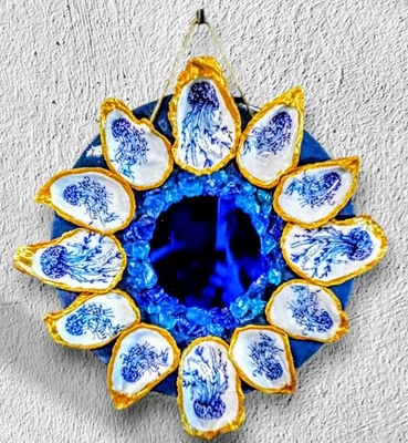 Coastal Mirror - Stunning Jellyfish - Handmade Oyster Shell  Mirror Blue   - Image 1 of 2