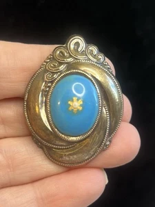 Fabuloso Broche Antiguo Victoriano Relleno de Oro Colgante Centro Azul - Imagen 1 de 5