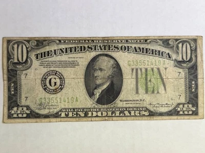 1934 $10 Federal Reserve Note – Light Green Seal – Serial G33551419A  - Image 1 of 4