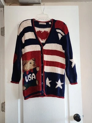 Marsh Landing Petites USA Patriotic Bear Hearts Red White Blue Cardigan Sweater - Image 1 of 4