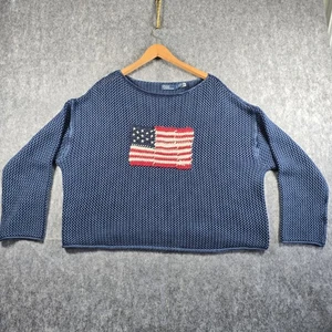 Polo Ralph Lauren Damen Pointelle Strick USA Flagge Pullover Baumwolle Leinen Large Kostenloser Versand - Bild 1 von 16