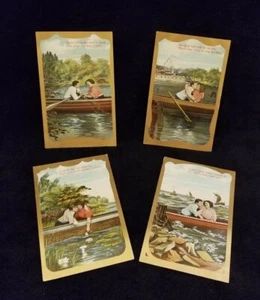 Antique Postcards Set Of 4 Couple In Boat Valentine's Day Printed In Germany  - Picture 1 of 12
