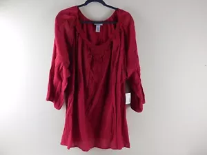 CATHERINES Women's 4X Red Cotton 3/4 Sleeve Lace Trimmed Pullover Blouse Top NWT - Picture 1 of 5