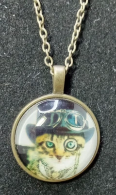Steampunk Cat in Hat Pendant w Bronze Tone Chain Acrylic Bubble 18-in RARE FIND - Image 1 of 4