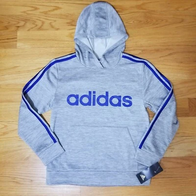 ADIDAS Gray Sweatshirt Hoodie with Blue Lettering and Stripes. Long Sleeves. New - Image 1 of 4