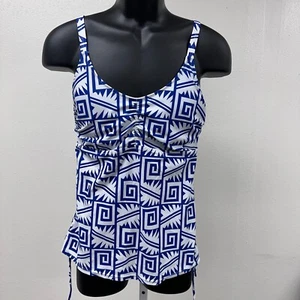 Tankini Swim Beach Top Blue White Geometric Print Swimsuit Top Ruched Size L - Picture 1 of 9