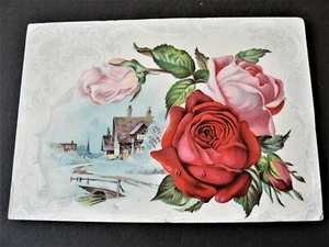 Tarjeta de intercambio victoriana de Navidad de 1800, hermosa casa, ramo de flores. - Imagen 1 de 2