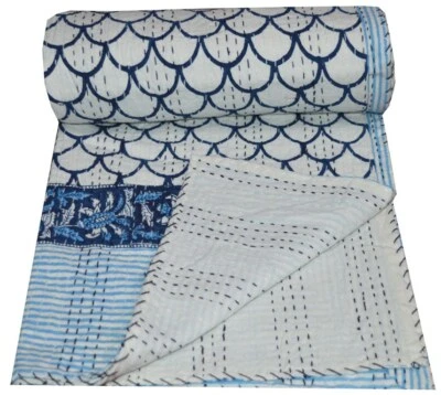 Colcha dupla arte indiana Kantha feita à mão bloco cobertor reversível lance - Imagem 1 de 4