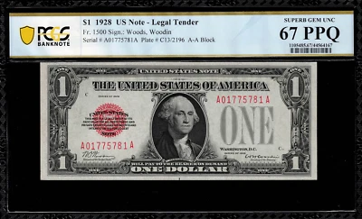 1928 $1 Legal Tender FR-1500 - Red Seal - PCGS 67 PPQ - Superb Gem Uncirculated - Image 1 of 2