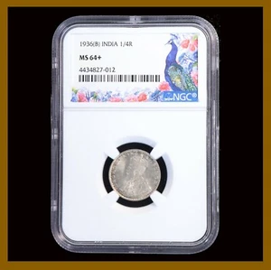British India 1/4 Rupee Silver Coin, 1936 (B) Bombay NGC MS 64+ 4434827-012 - Picture 1 of 2