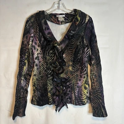 Alberto Makali Women’s Zip Up Ruffle Blouse Light Jacket Funky Pattern Size L - Image 1 of 4